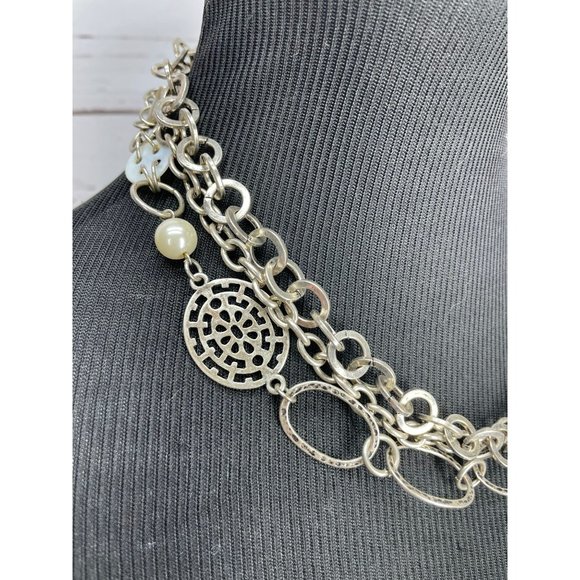 Beautiful Multi Layered Silver Metal Chain Round Pearl Button Necklace - Picture 4 of 8